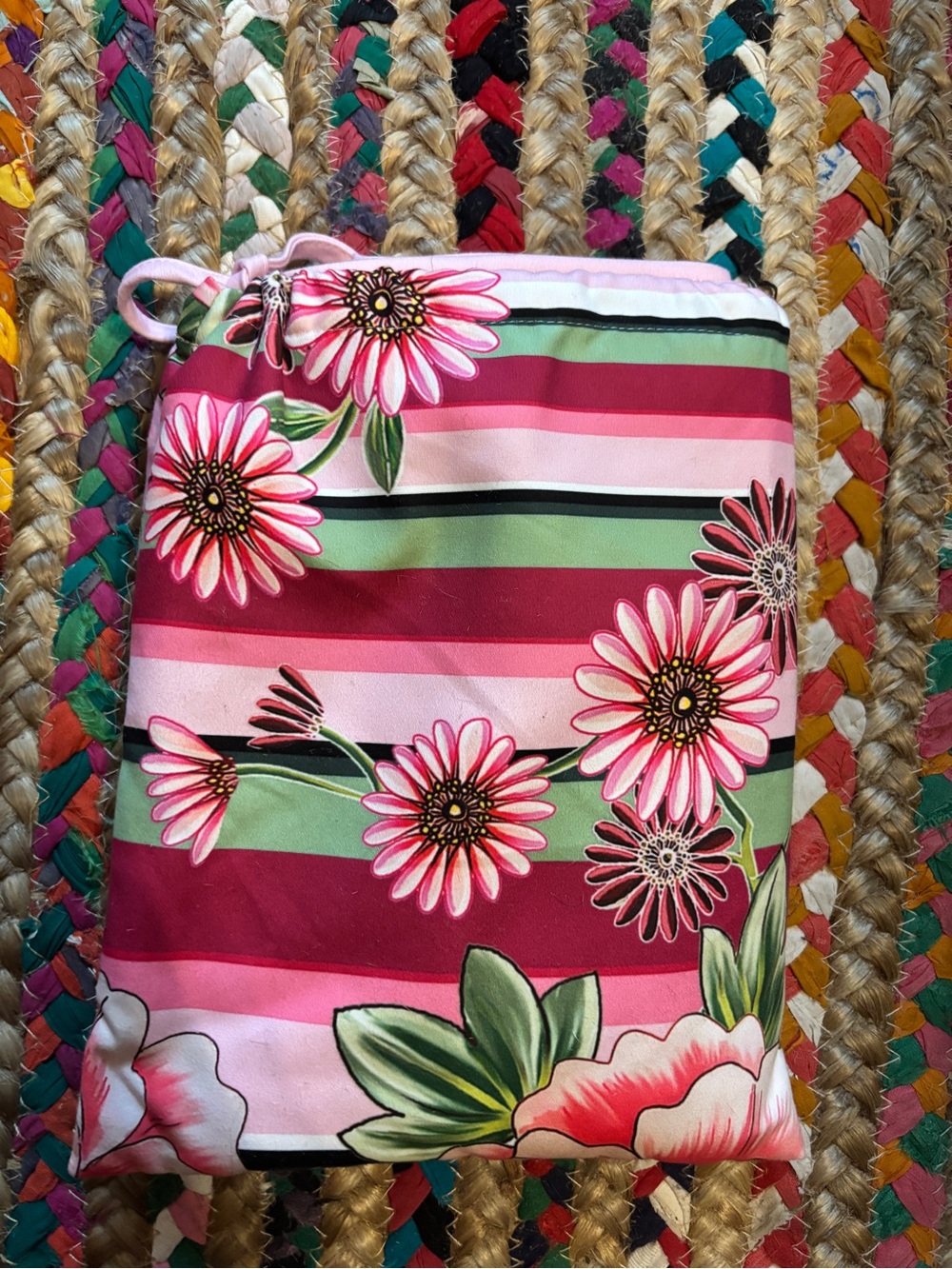 Johnny Was Striped Pink Floral Beach Towel with Pouch - Picture 5 of 7